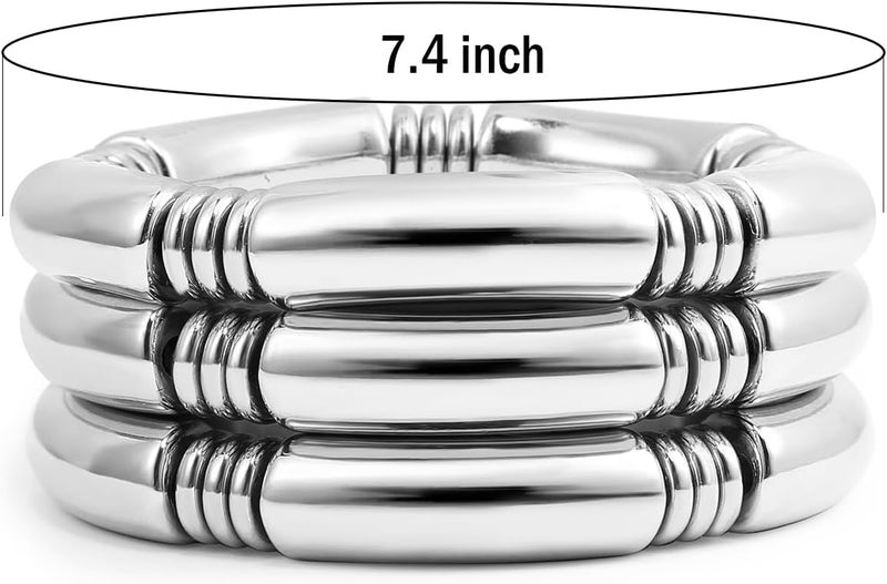 Badu Gold Chunky Bangles Bracelets For Women 14k Gold Plated Stack Layered Curved Bamboo Tube Stretch Bracelets Gift Jewelry - Image 2